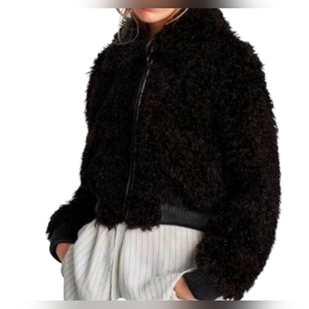 Zara Trf Collect Teddy Fluffy Fleece Faux Fur Full Zip Sherpa Bomber Black Small